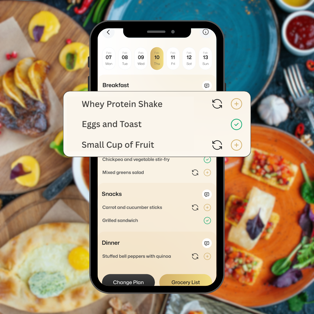 Mobile app screen showing a daily meal plan with high-protein breakfast options like whey protein shake and eggs, overlaid on a colorful food background