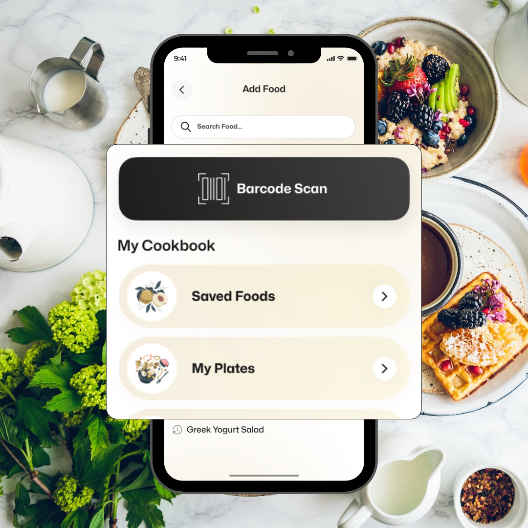 Mobile app screen displaying food tracking features like barcode scanning, saved meals, and custom plates, set against a healthy breakfast background.