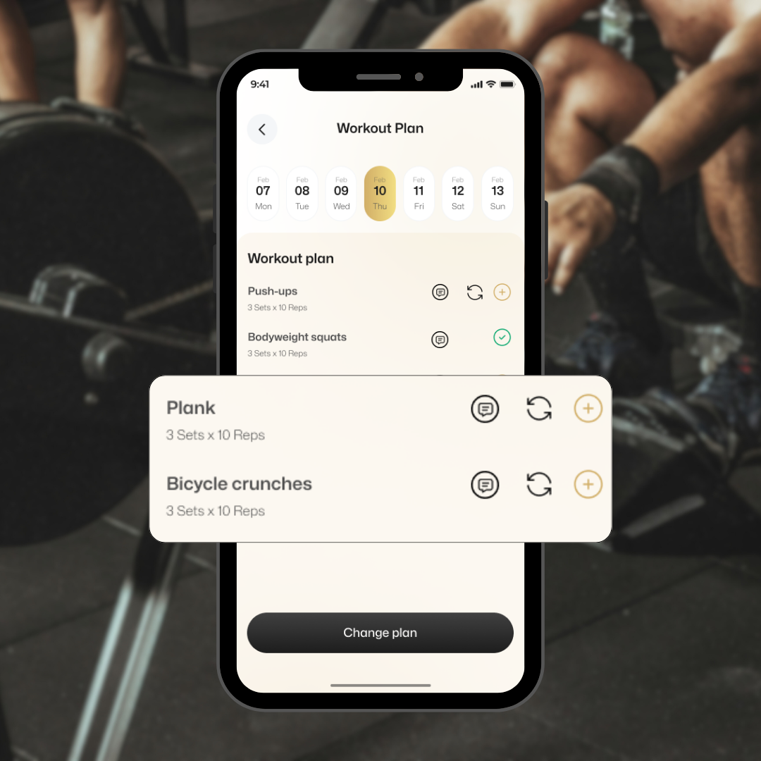 AI-powered mobile workout planner displaying bodyweight exercises like push-ups and squats on Unchecked Fitness app interface for home fitness routines