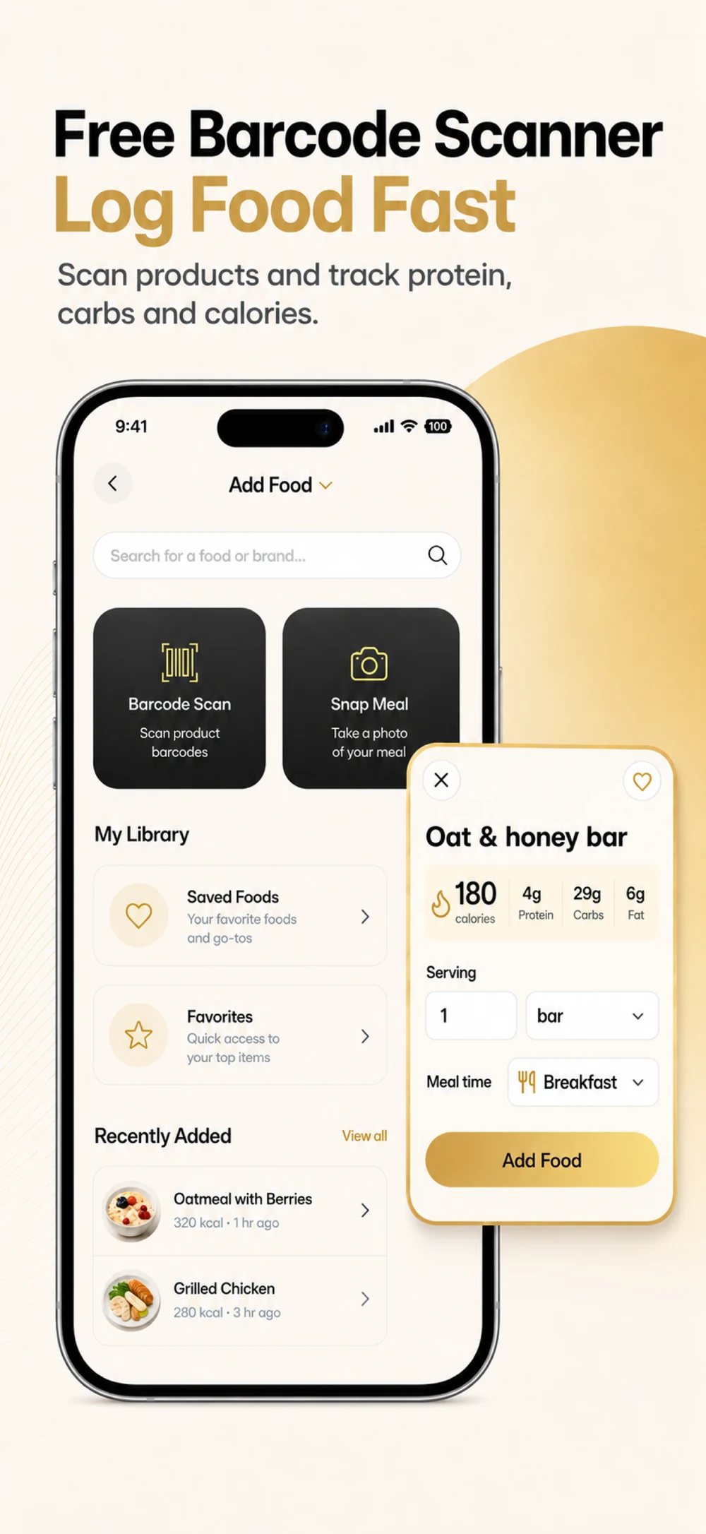Unchecked version 3.0 Add Food screen with barcode scanning, Snap Meal, and Saved Foods