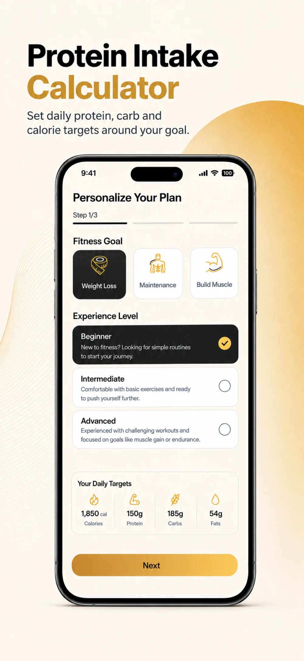 Unchecked goal setup with fitness goals, experience level, and daily nutrition targets
