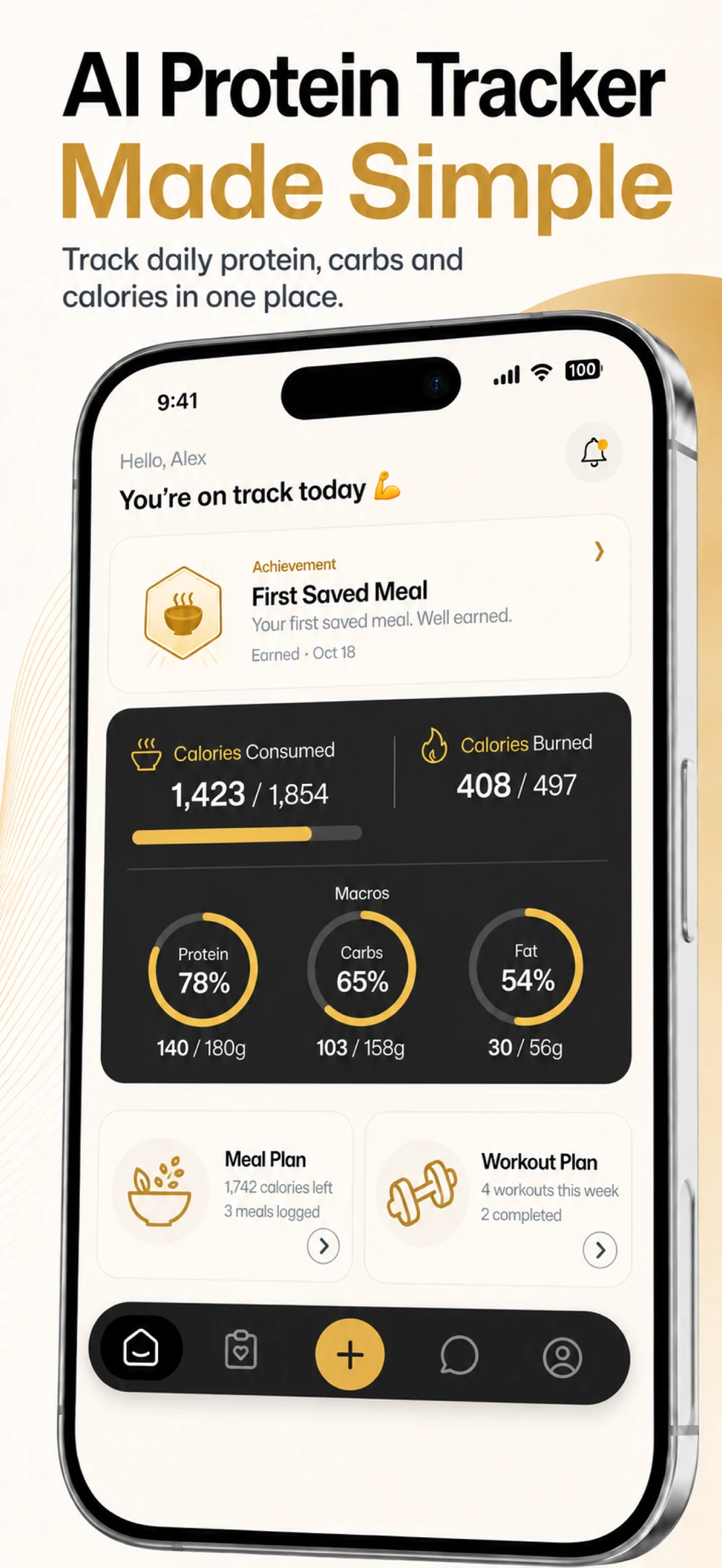 Current Unchecked app: the home dashboard with daily calories and macro progress