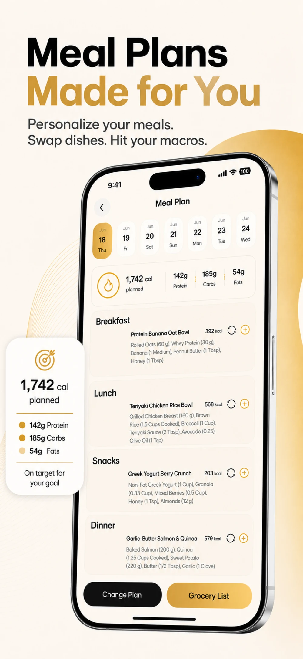 Current Unchecked meal plan with daily nutrition totals and planned meals