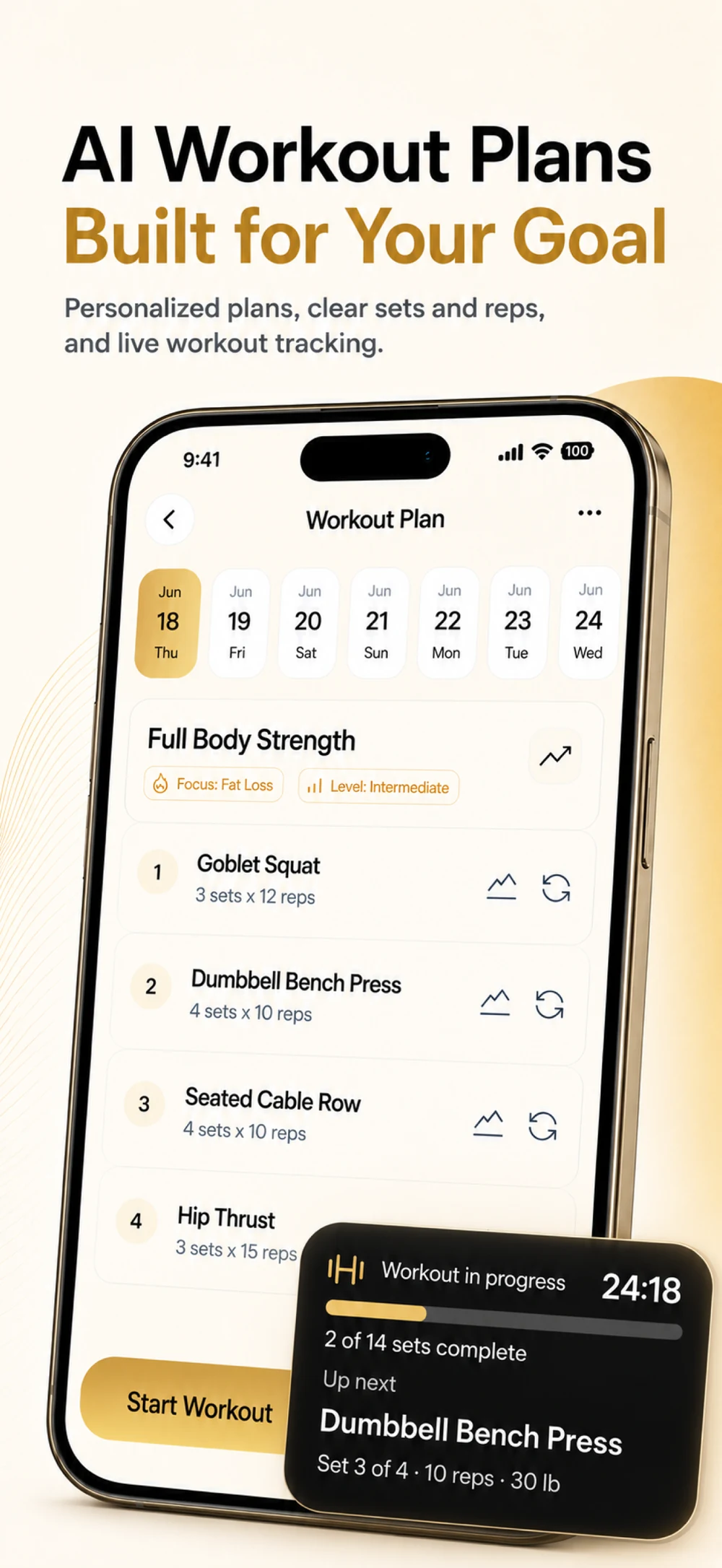 Current Unchecked workout plan showing exercises, sets, reps, and an active-workout overlay